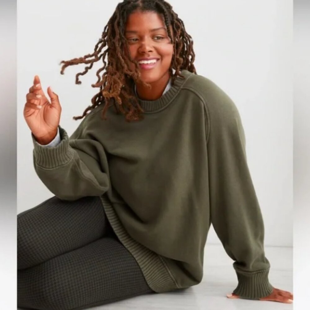 Aerie Down-To-Earth Nomad Olive Green Oversized Crew Neck - Size Large